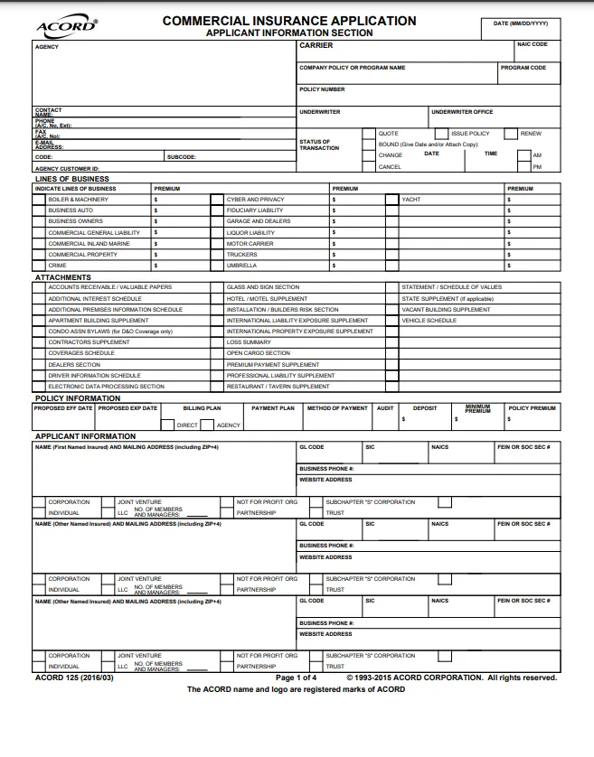 Example of an Acord 125 form Example of an Acord 125 form