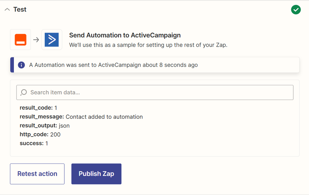 Send a test from Zapier to ActiveCampaign A screen capture of active campaign zap