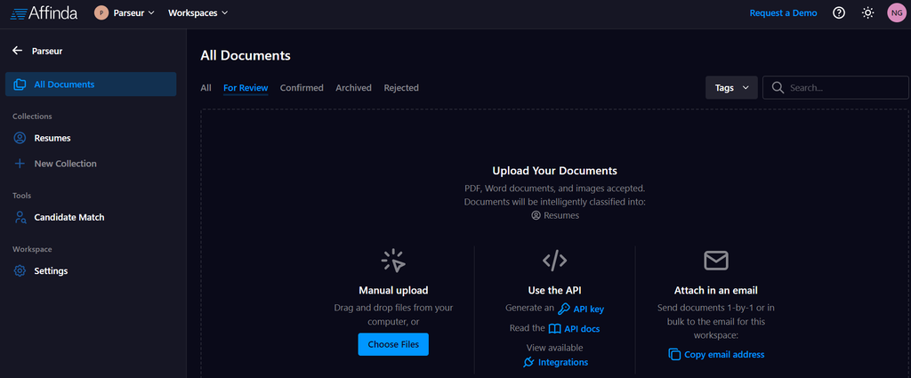 Affinda A screen capture of affinda