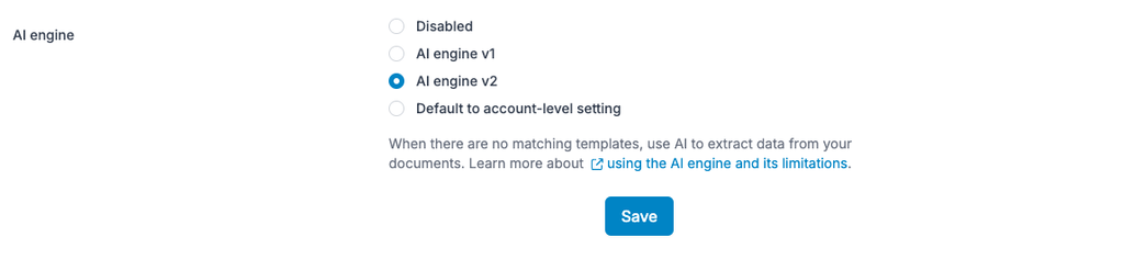 Choose the AI engine version in your mailbox settings A screen capture of the AI engine setting from a Parseur mailbox
