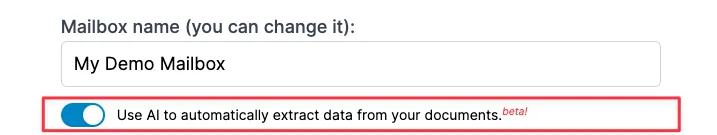 Activate the AI engine toggle during mailbox creation screen capture of the AI toggle when creating a mailbox
