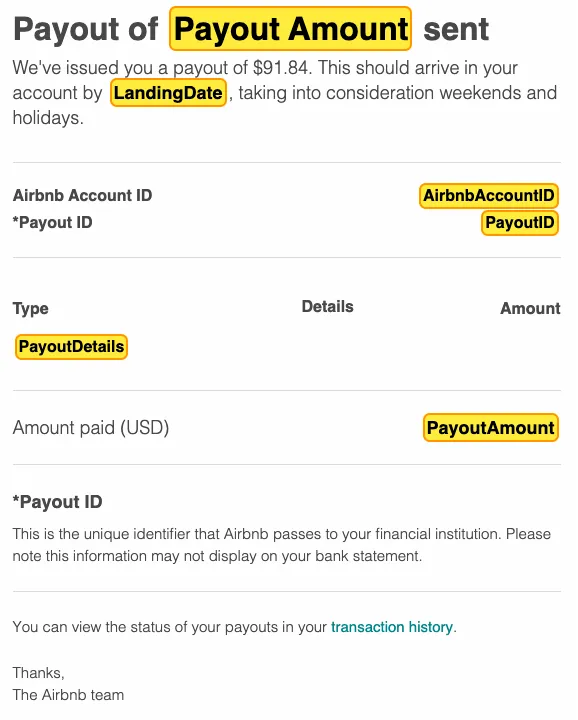 Parseur template to extract financial information from Airbnb payout emails A screen capture of airbnb payout emails