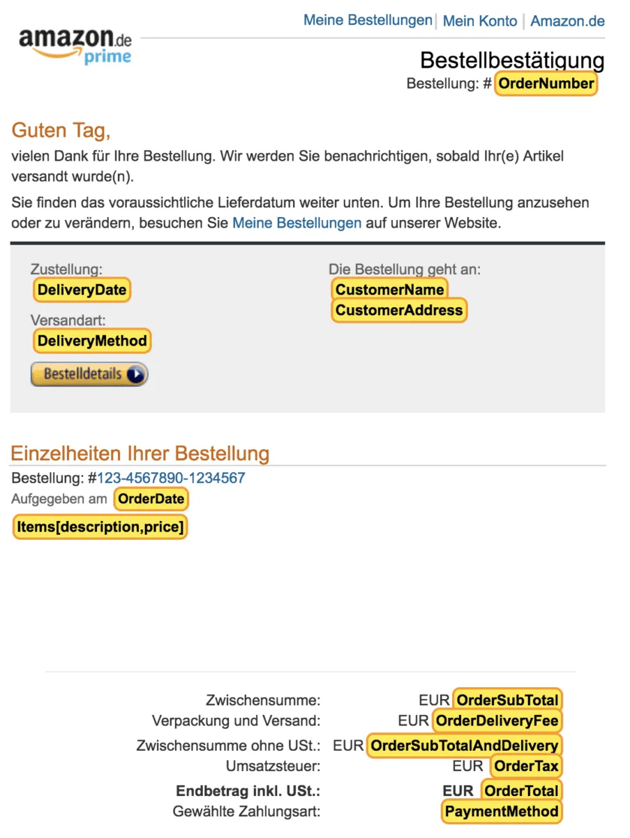 Template for processing purchases from amazon.de in German A screen capture of amazon template