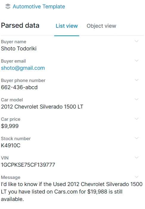 Ihre Automotive-Lead-Daten wurden extrahiert! A screen capture of automotive parsed data