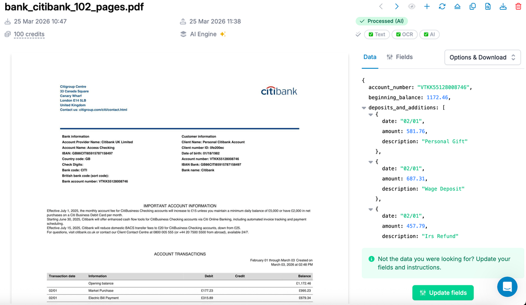 Parseur showing the 102-page Citibank bank statement processed successfully with AI
