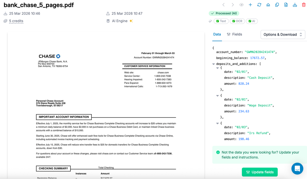 Parseur showing extracted JSON data from the 5-page Chase bank statement including account number, balance, and transaction details