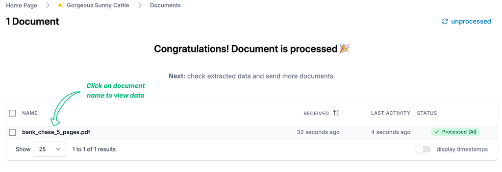 Parseur document list showing the 5-page Chase bank statement processed with AI status
