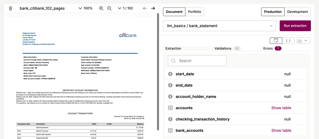 Sensible showing Errors: 1 and null values for all fields on the 102-page Citibank bank statement