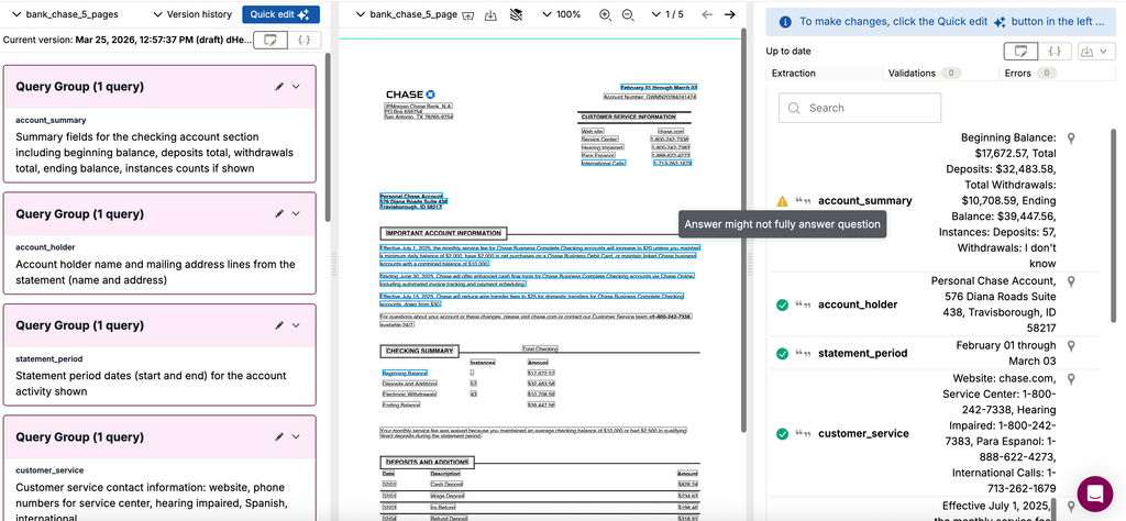 Sensible showing query groups with an account_summary warning flag on the 5-page Chase bank statement