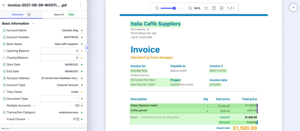 Docsumo invoice extraction showing field-level data extracted from a real invoice PDF