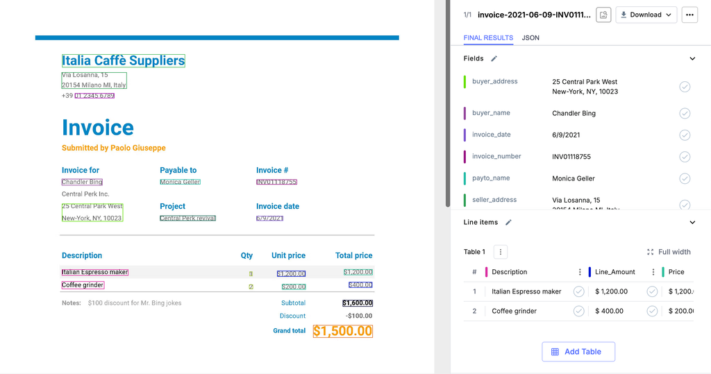 Nanonets invoice OCR showing structured data extracted from a real invoice PDF
