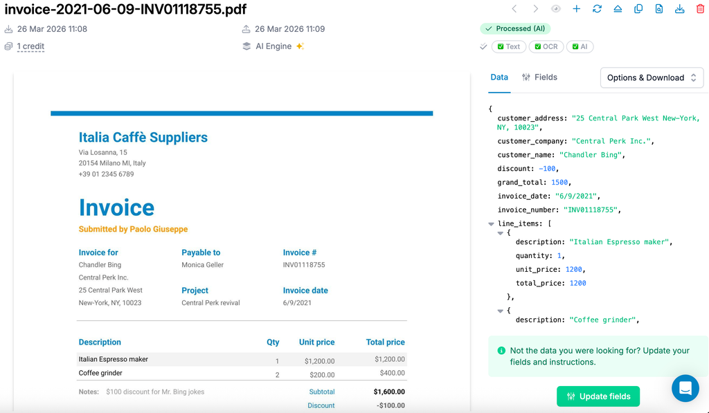 Parseur invoice extraction showing structured fields extracted from a real invoice PDF in under 60 seconds