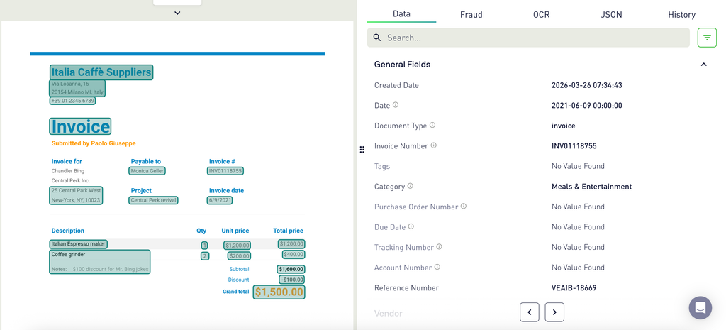 Veryfi invoice OCR showing extracted data fields from a real invoice processed through the platform