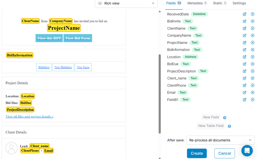 Create a template for ITB A screen capture of bid management template
