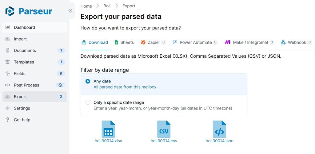 Export data to any application of your choice A screen capture of exporting bill of lading data