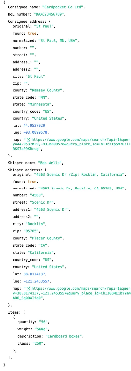 Example of data extracted from the bill of lading document using Parseur A screen capture of bill of lading data