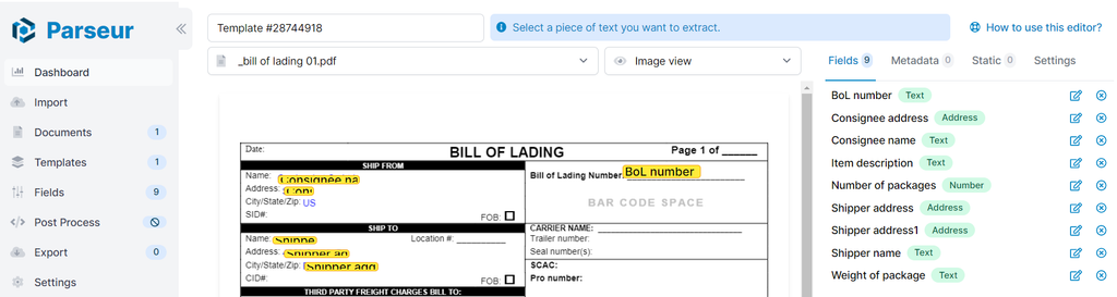 Example of a bill of lading template in Parseur A screen capture of bill of lading template