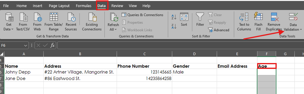 Click data validation A screen capture of Excel
