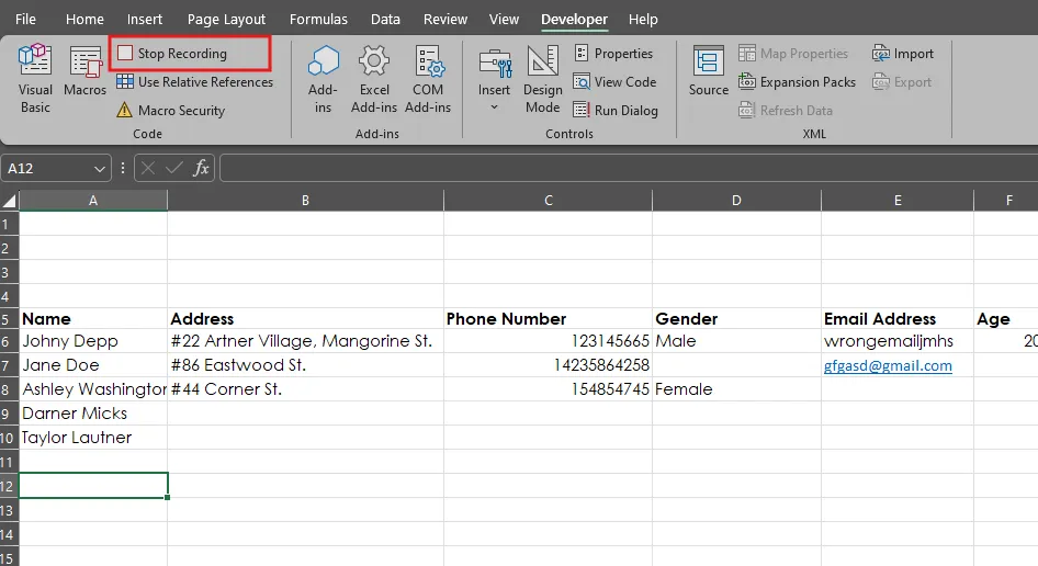 Stop recording A screen capture of Excel