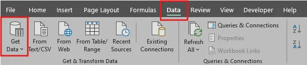Select get data A screen capture of Excel