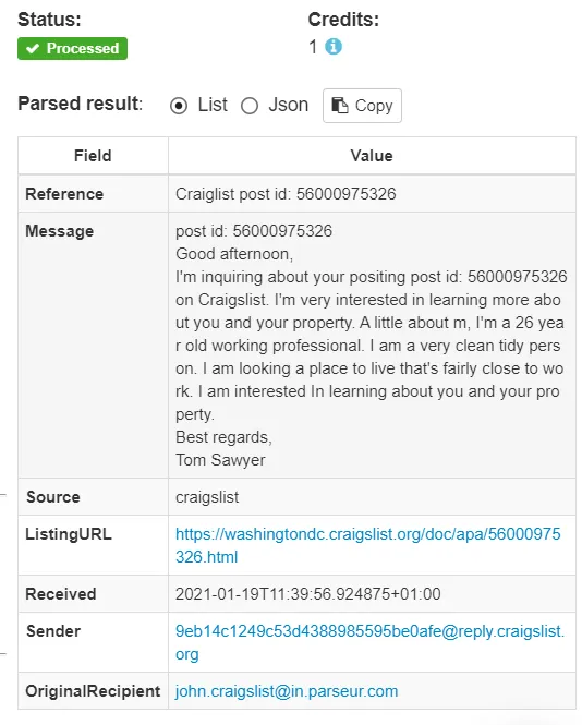 Parsed data from Craigslist A screen capture of Craiglist data