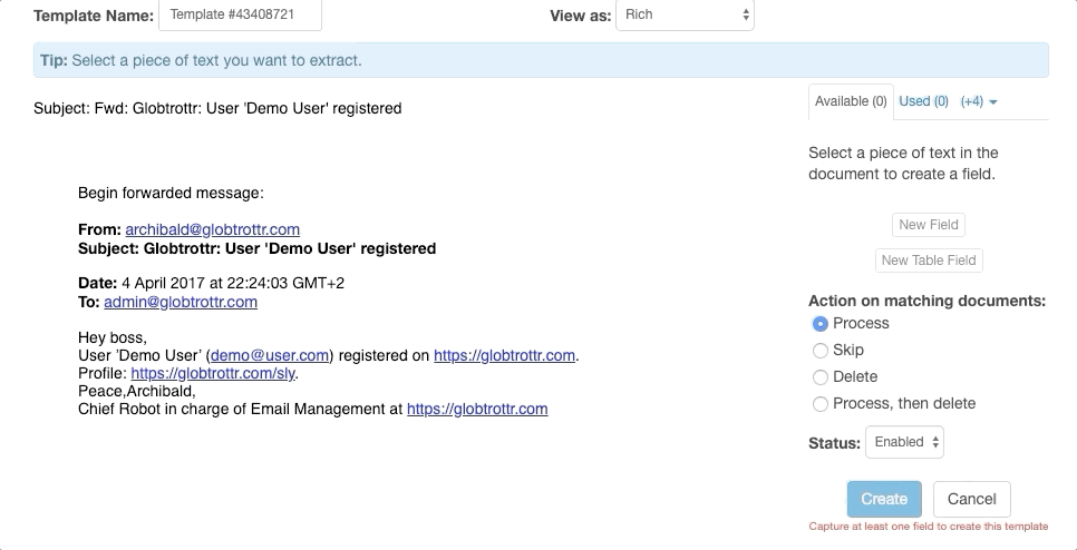 Create your first field in Parseur