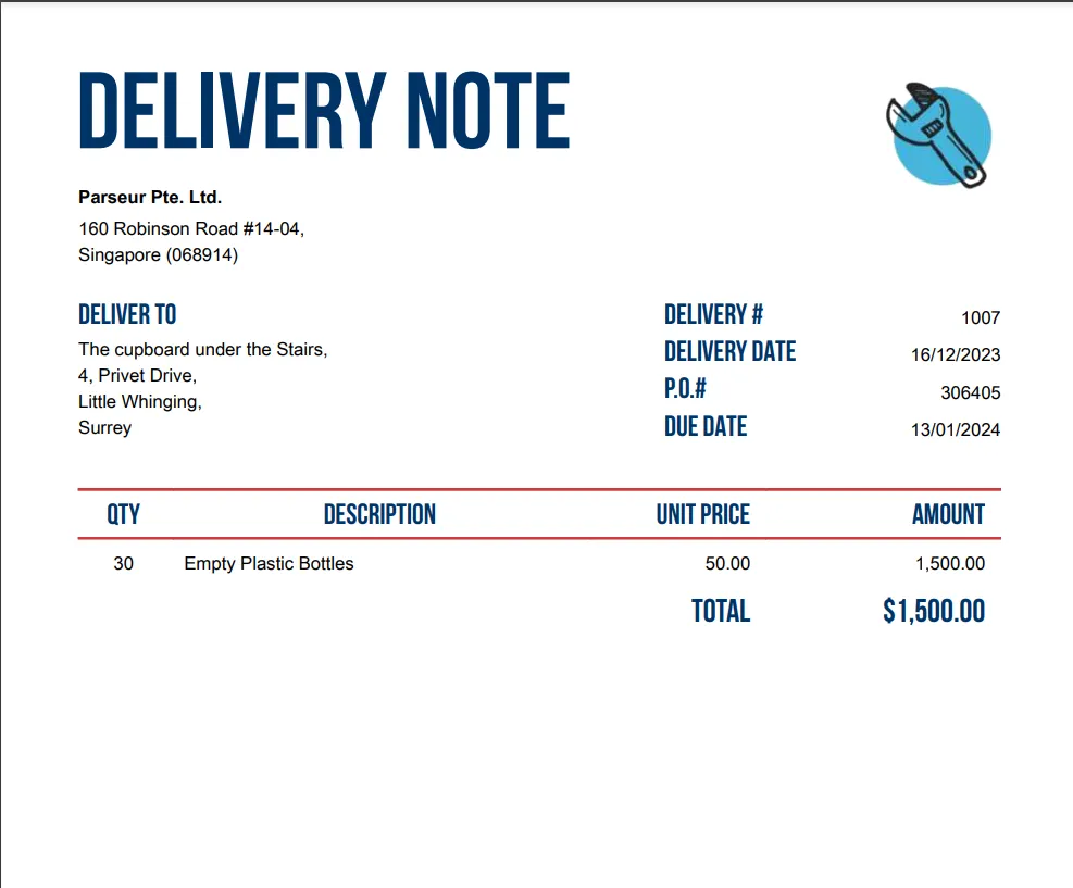 Example of a delivery note A screen capture of delivery note