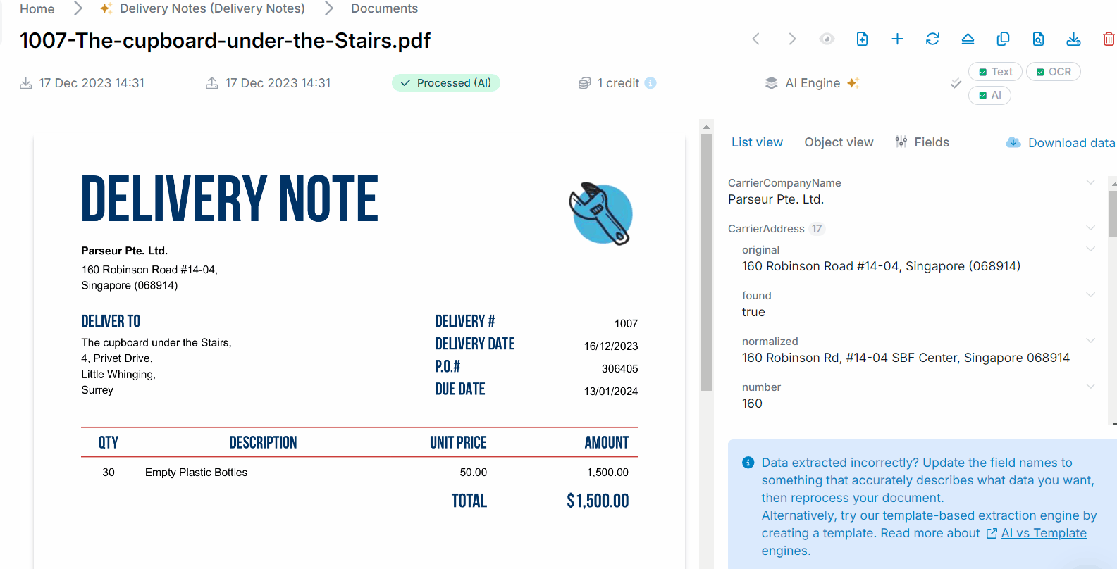 A screen capture of delivery note data