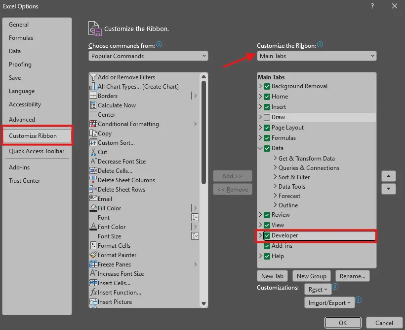 Check the developer box A screen capture of Excel