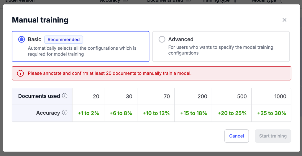 Training data in Docsumo A screen capture of docsumo model
