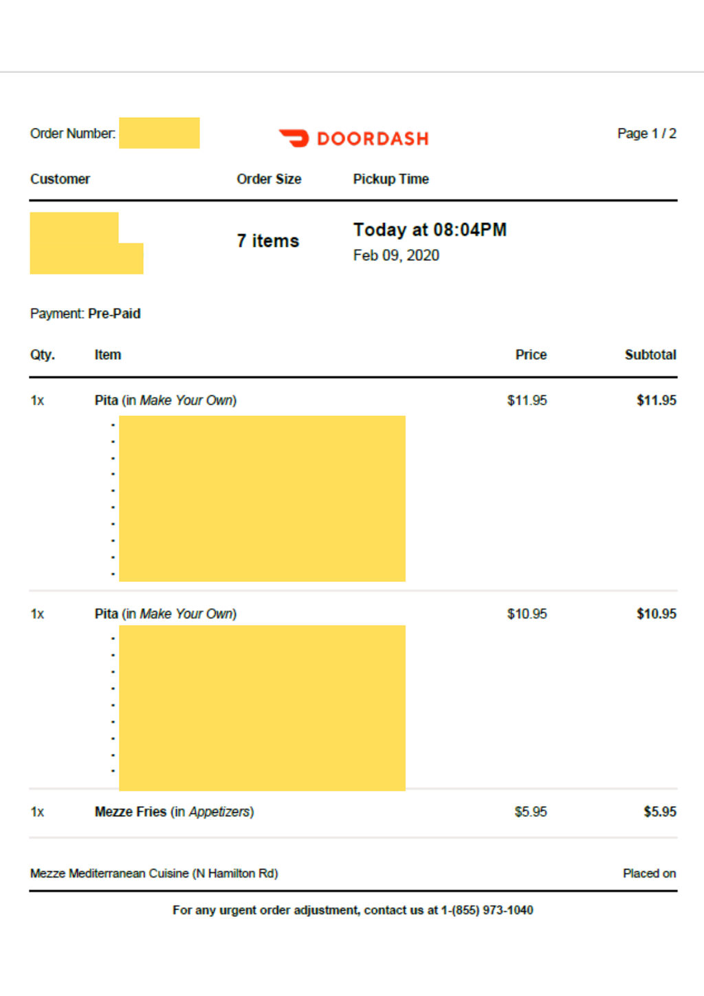 Example of a DoorDash order A screen capture of doordash order example