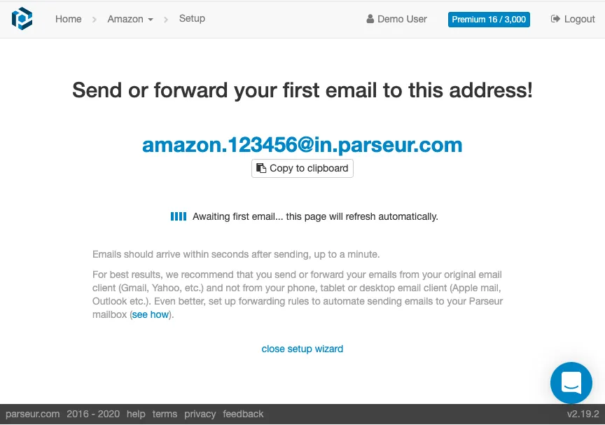 Parseur waits for you to forward your first email A screen capture of email