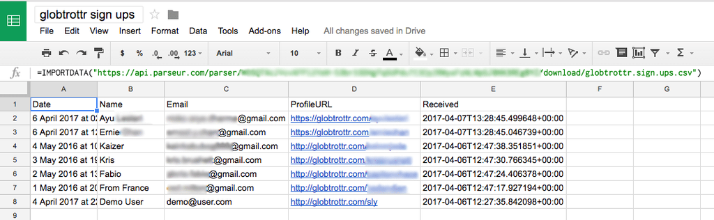 Parsed data in Google sheets A screen capture of email to google sheet