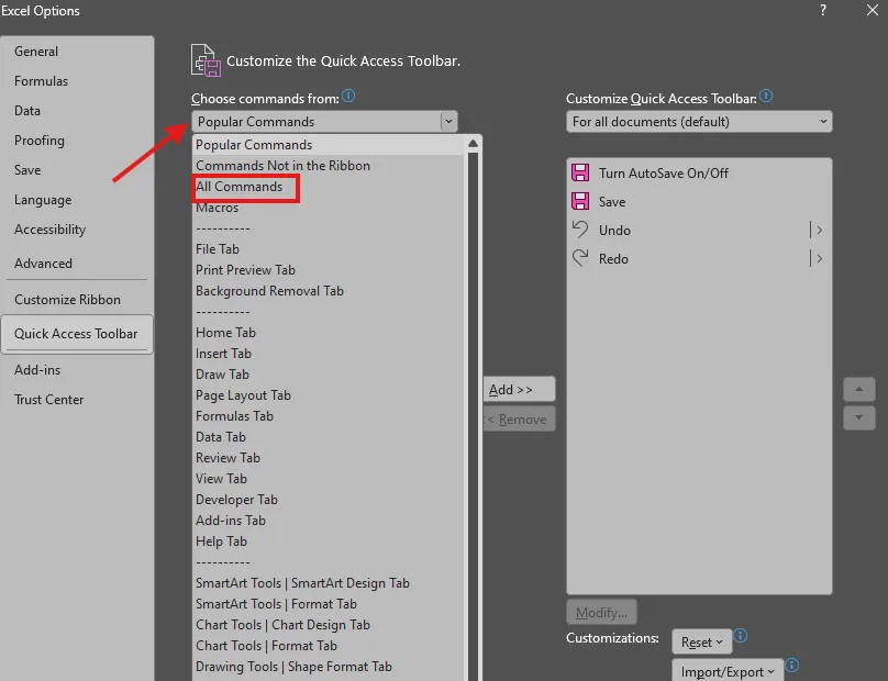 Select all commands A screen capture of Excel