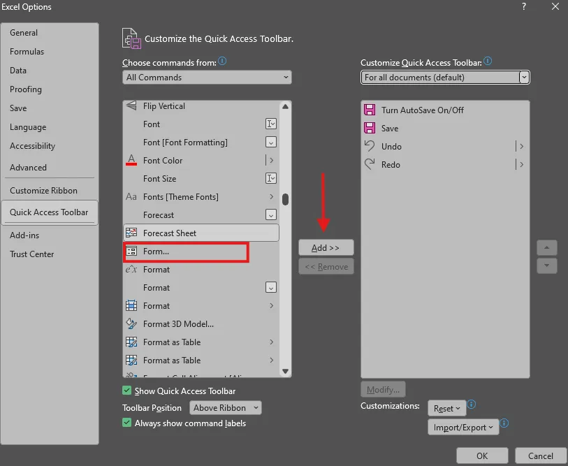 Select form A screen capture of Excel