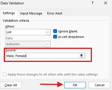 Enter the allowed values A screen capture of Excel