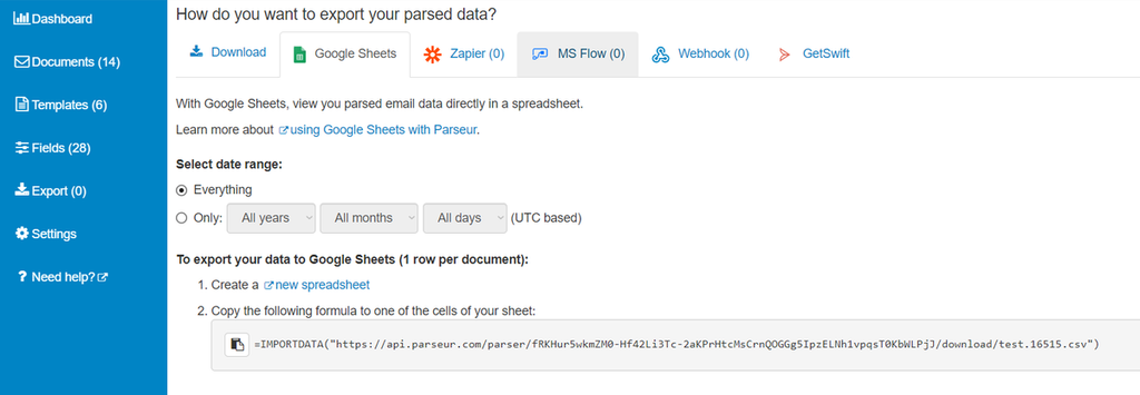 Export parsed data to Google Sheets A screen capture of etsy data to google sheets