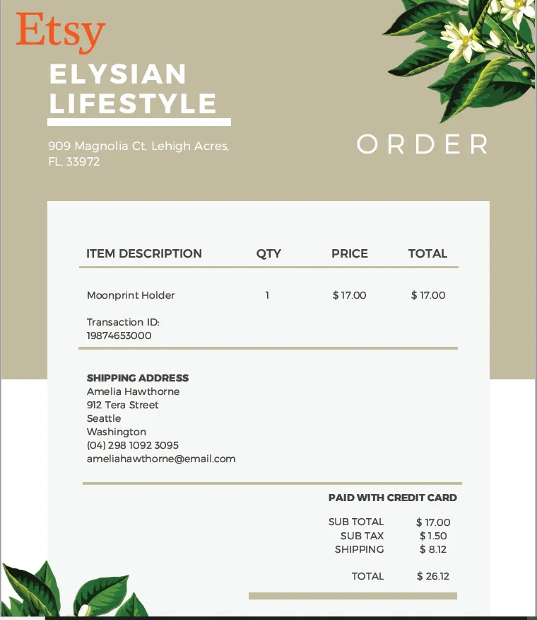 Example of an Etsy order confirmation A screen capture of etsy order confirmation