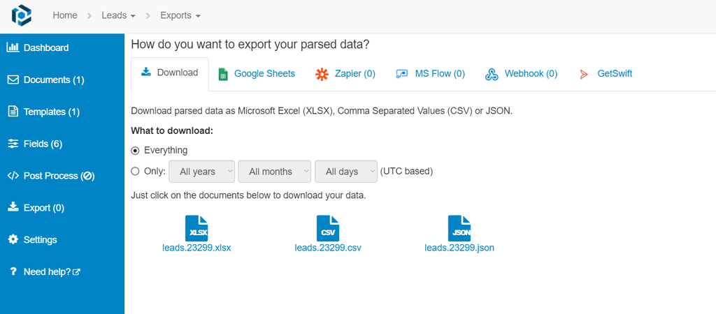 Download parsed data to Excel