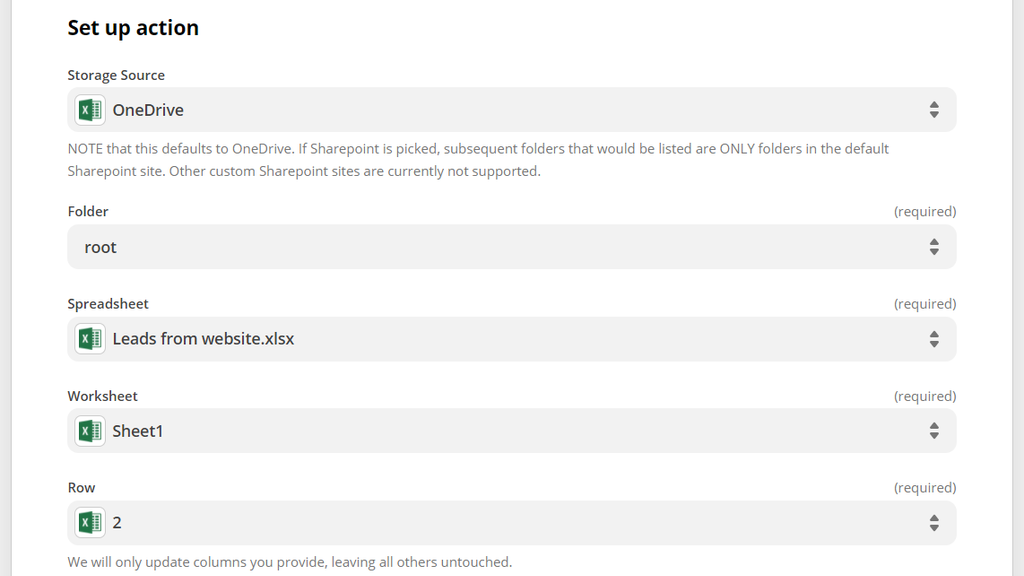 Select the row that needs to be updated in the Excel Spreadsheet