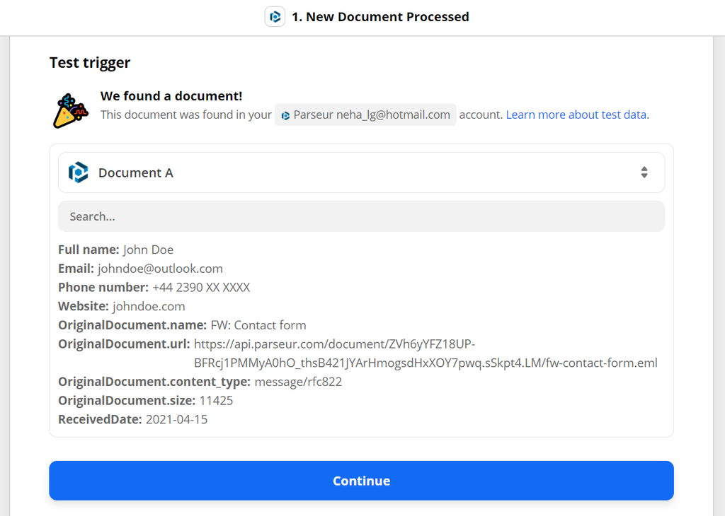 Zapier will retrieve the parsed data