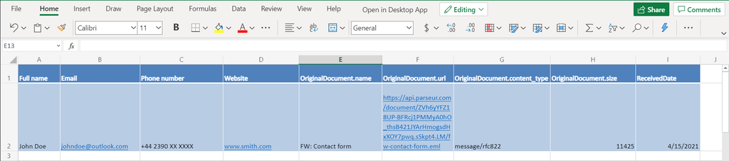 Excel sheet before Zapier integration