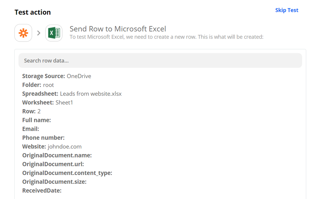 Send a test to update the row in the Excel file