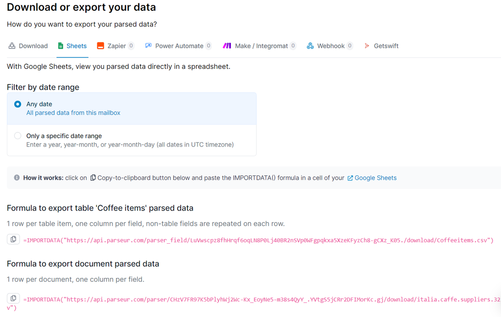 Click on Sheets in your Parseur mailbox