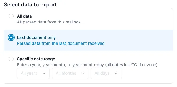 The new "Last document only" option is available in the Export section of your mailbox A screen capture of Last document only