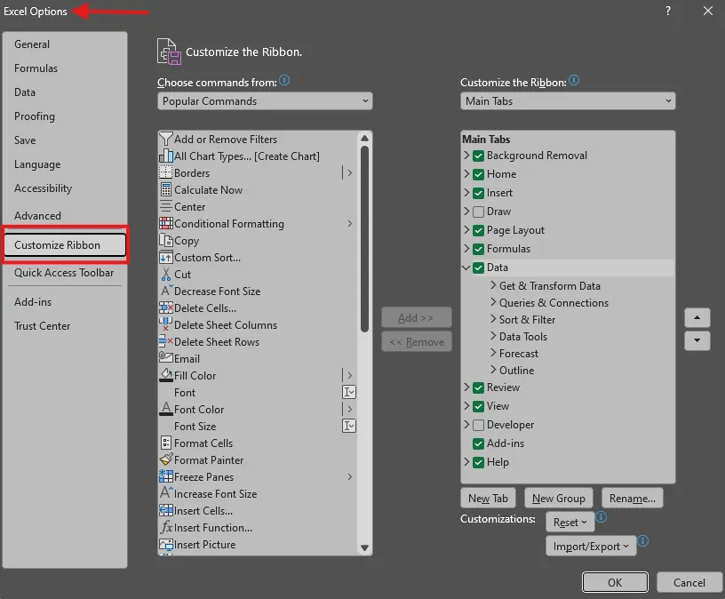Customize ribbon A screen capture of Excel