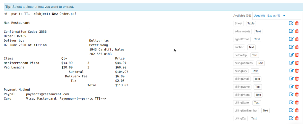 Your document to the left, pre-defined fields to the right A screen capture of food order template