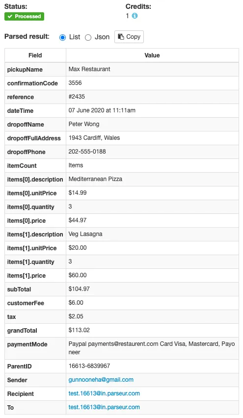 Your data extracted by Parseur A screen capture of food order results