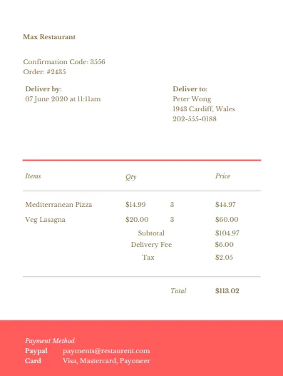 This is an example of an order confirmation from Max’s restaurant A screen capture of food order sample