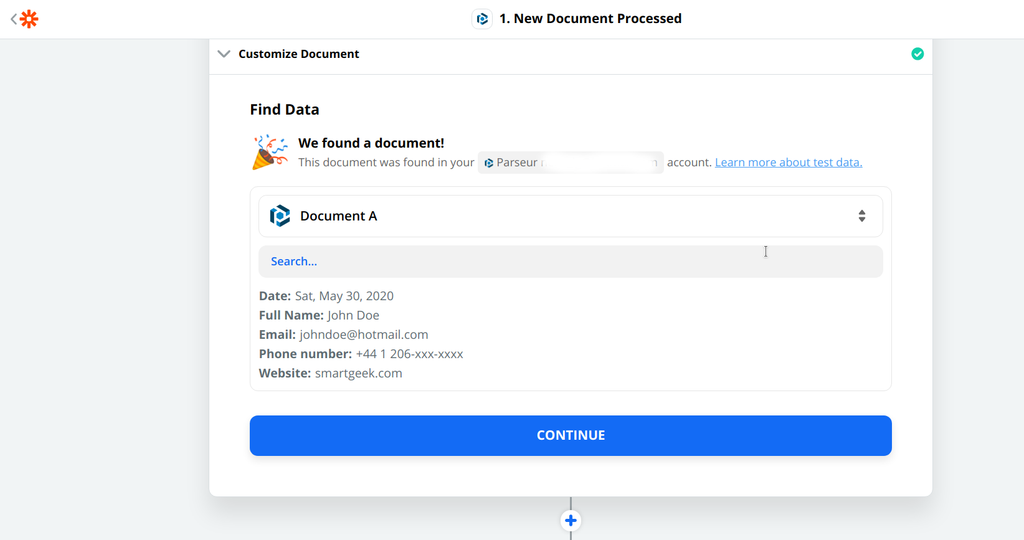 Zapier shows you the data extracted from the last document received in Parseur